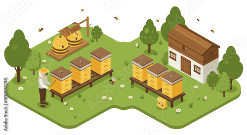 Beekeeping scene with hives and beekeeper in lush garden environment