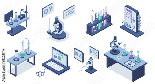 Isometric laboratory equipment set with microscope and test tubes for modern science presentation