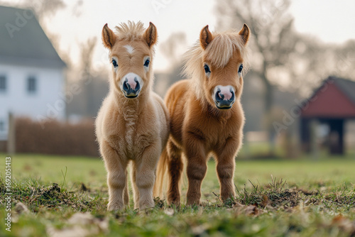 Two cute fluffy baby miniature horses standing in a green grassy field. Young foals looking directly at camera with a rural farm background.