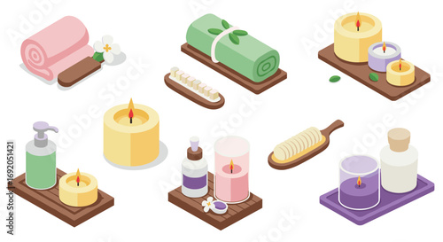 Isometric spa elements with candles and towels for relaxation and wellness