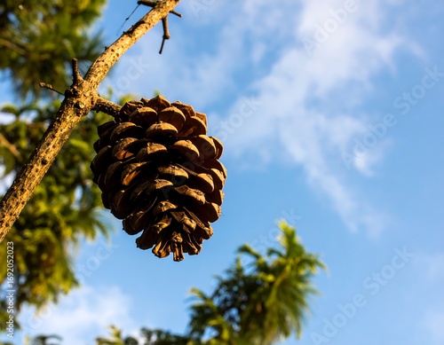 Pine cone hanging from branch against a bright sky