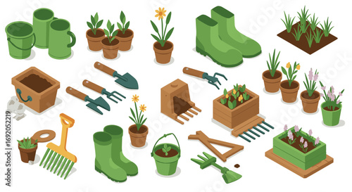 Isometric gardening tools and plants collection for urban gardeners
