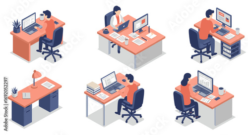 Isometric office workspaces with diverse professionals and modern equipment
