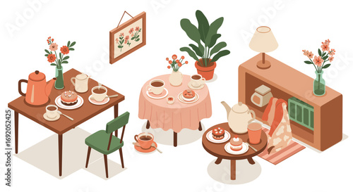 Cozy isometric tea room with dessert tables and floral decor
