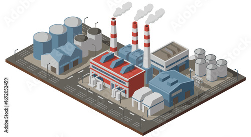 Isometric industrial factory complex with pipes and tanks