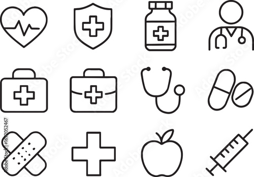Medical and Healthcare Related Line Art Icons Set heart pulse