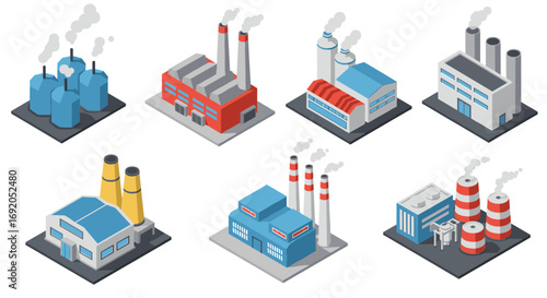 Isometric industrial buildings collection with factories and power plants