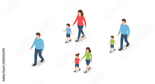 Isometric family walking: parents and children in casual outfits on white background