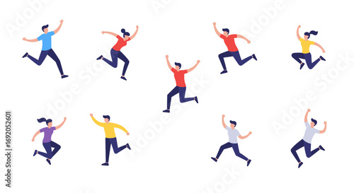 Diverse group of joyful people running in dynamic flat design