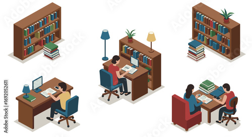 Isometric home office library with bookshelves and people working at desks