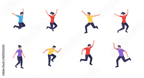 Happy people jumping and running in flat design on white background