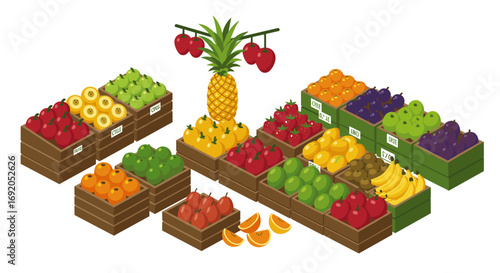 Colorful fresh fruit display in isometric style at a market
