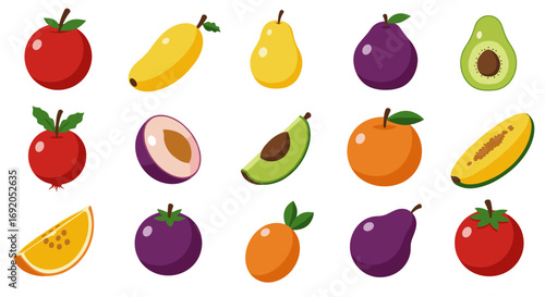 Colorful flat fruit icons set featuring citrus and tropical varieties