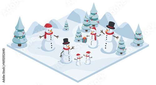 Festive snowman family in winter landscape with decorated trees
