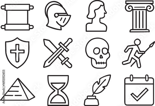 Historical And Ancient Icons Including Knight And Pyramid scroll knight helmet