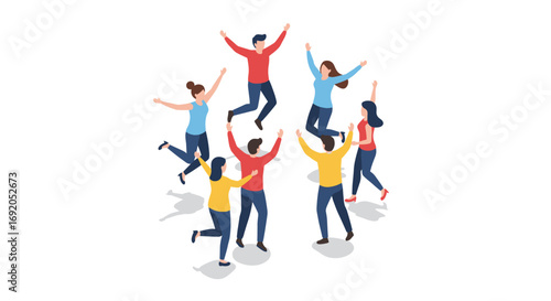 Colorful isometric celebration of friends rejoicing together in a group joyful gathering