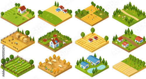 Isometric farm landscapes with fields and pastures featuring seasonal agriculture variations