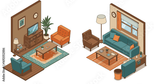 Cozy isometric living room interiors with modern furniture and decor elements