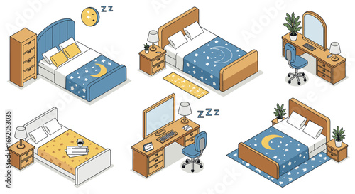 Cozy isometric bedroom and workspace with nighttime decor and furniture