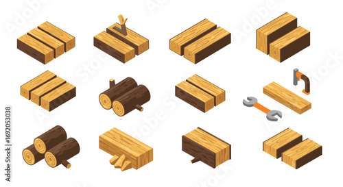 Isometric wood planks and logs with tools icon set for carpentry designs