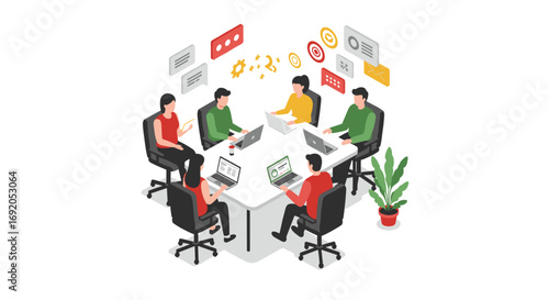 Collaborative team meeting in an isometric office with laptops and discussions