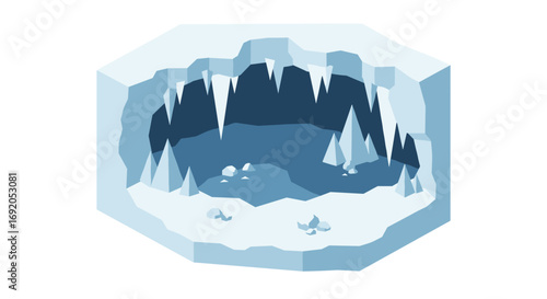 Low poly ice cave with icicles and snow