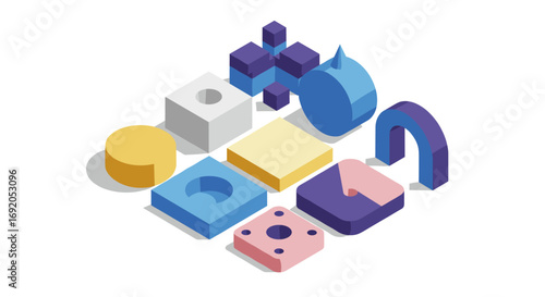 Colorful isometric geometric shapes composition featuring 3d cubes and cylinders