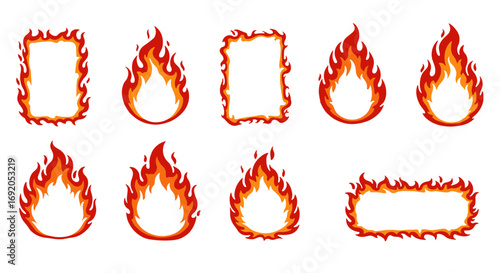 Set of fiery frame designs with versatile flame styles for creative projects