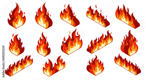Collection of isometric flame icons in various shapes and sizes