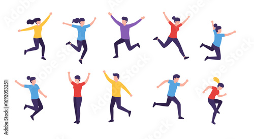 Energetic people jumping with joy on white background