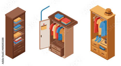 Isometric wardrobe and closet design with clothes and accessories