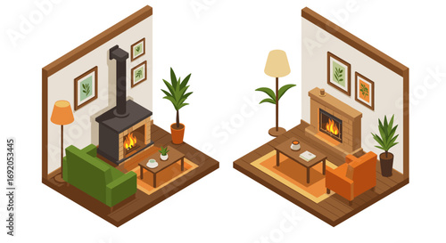 Cozy isometric living room interiors with fireplaces and modern decor