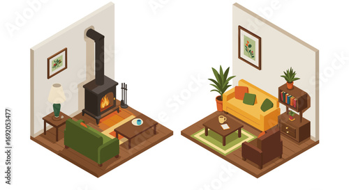 Cozy isometric living room with fireplace and modern furniture
