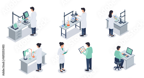 Isometric science lab: researchers in modern laboratory experimentation and data analysis