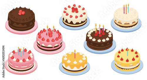 Colorful birthday cakes with candles and berries in isometric style