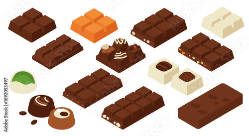 Isometric chocolate assortment with dark milk and white varieties