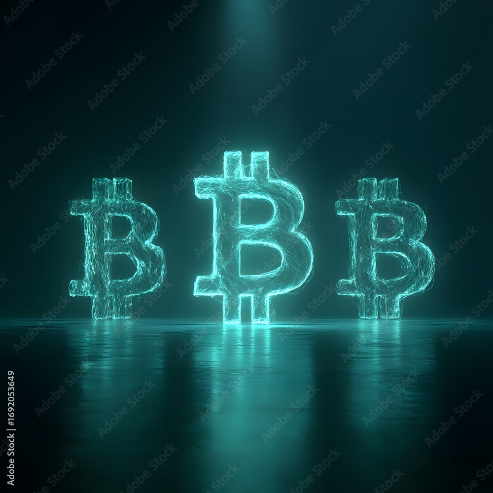 Fototapeta premium Glowing neon bitcoin symbols reflecting on a dark surface symbolizing digital currency future