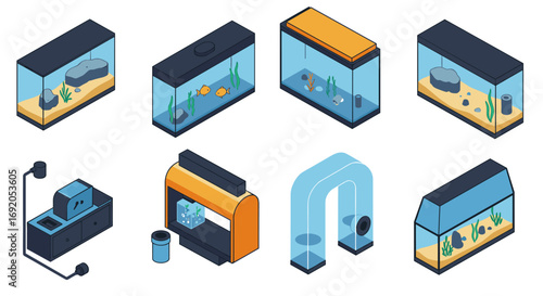 Isometric aquarium set: diverse tanks with fish and accessories