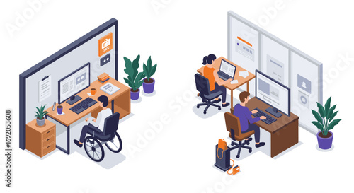 Remote work collaboration in modern office with diverse employees in isometric style