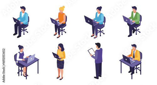Isometric people working on laptops and tablets in office setting