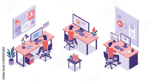 Modern isometric office space with employees working at desks and computers
