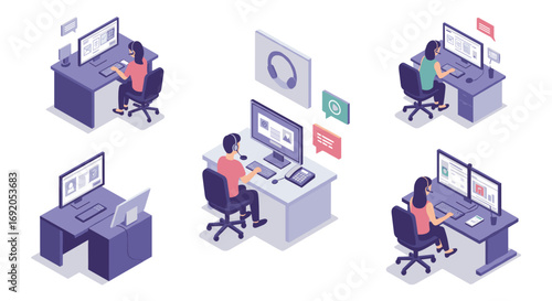 Office isometric illustration of diverse people working at computer desks