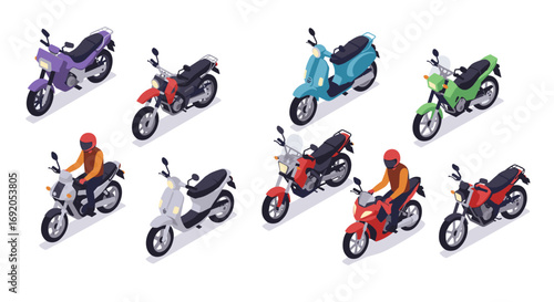 Isometric motorbikes and scooters collection in various colors and views