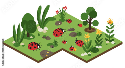 Colorful garden with ladybugs and lush greenery in isometric view