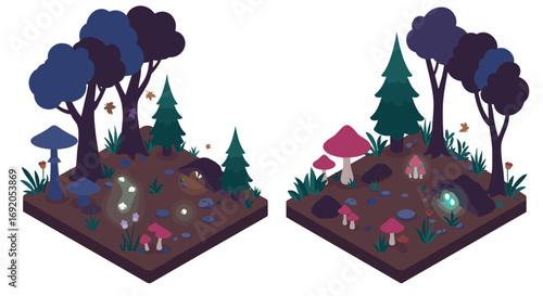 Isometric fantasy forest scene with glowing mushrooms and trees