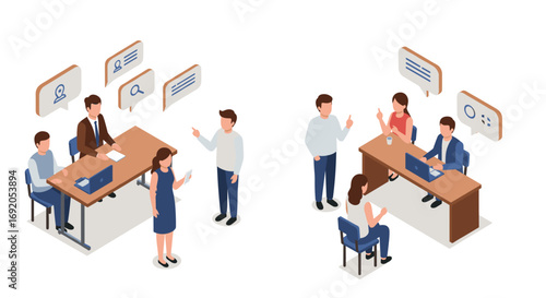 Isometric office team meeting and collaboration with digital communication