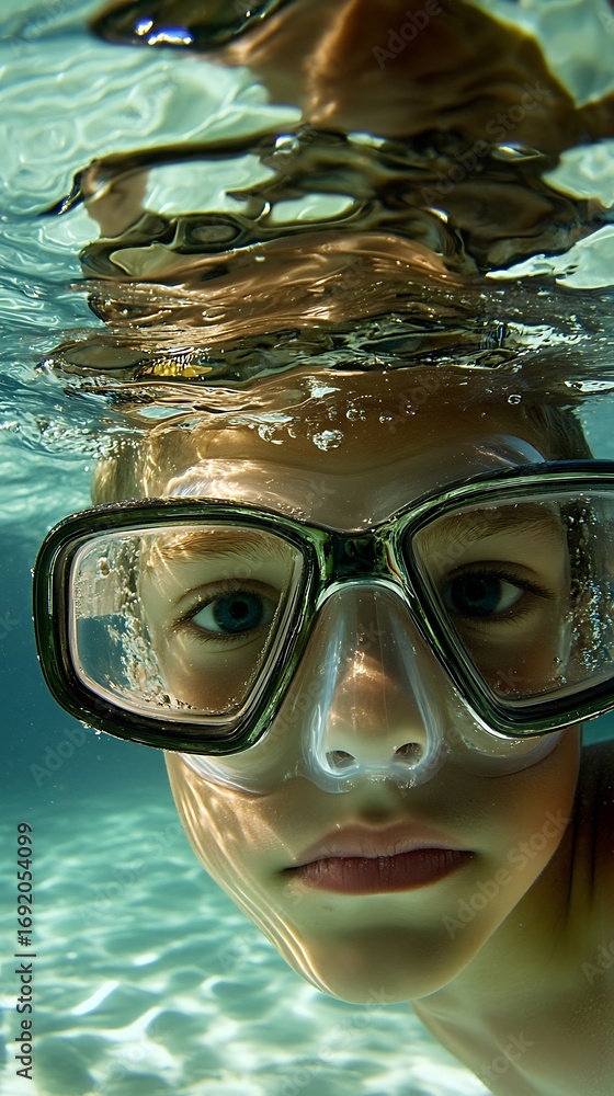 Fototapeta premium Young adventurer's curious gaze through a snorkel mask, immersed in the clear, serene underwater world