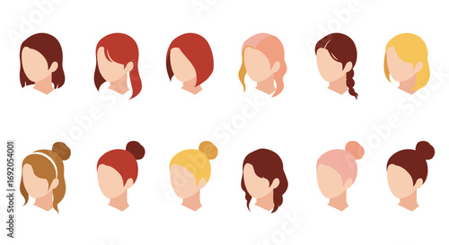 Diverse female hairstyles collection in flat style on white background
