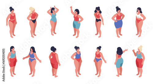 Isometric diverse female figures in casual attire illustrating body positivity