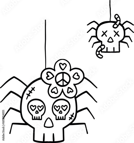 halloween cute cartoon. Cartoon spiders with skull-shaped bodies hanging from webs in black and white.